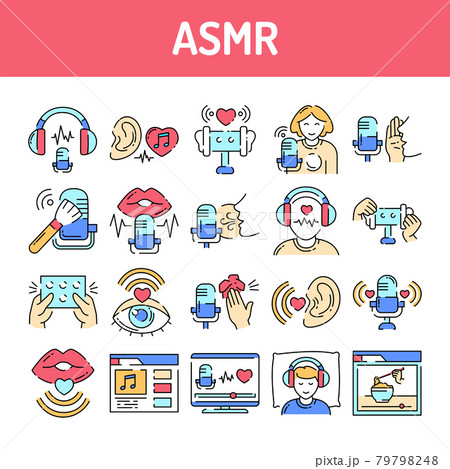 Asmr color line icons set. Autonomous sensory meridian response, sound waves as a symbol of enjoying sounds Asmr color line icons set. Autonomous sensory meridian response, sound waves as a symbol of enjoying sounds 79798248