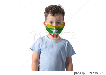 Respirator with flag of Myanmar. White boy puts on medical face mask isolated on white background Respirator with flag of Myanmar. White boy puts on medical face mask isolated on white background 79798523