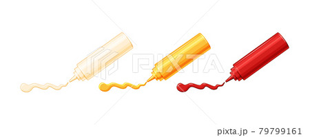 Set of plastic bottles with sauces. Mayonnaise, ketchup and mustard are squeezed out of bottles. Vector illustration. 79799161