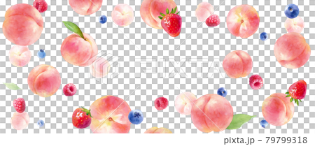 Watercolor illustration of juicy peaches and berries. Frame background design. Horizontal size. 79799318