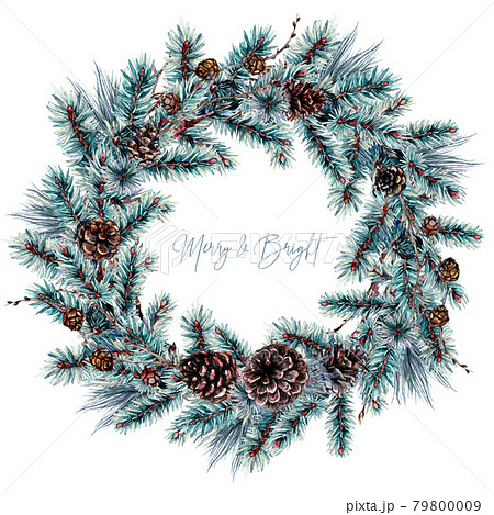 Watercolor Christmas Pine Wreath Isolated on White Background. 79800009