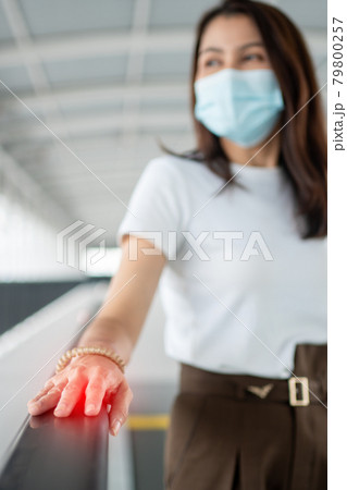 Portrait of a young woman in a medical mask for anti-coronavirus COVID-19 pandemic infectious disease outbreak protection but use hand to hold the handrails that may have viruses and germs. 79800257
