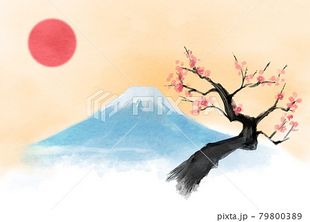 年賀素材 富士山と梅 水彩風 79800389
