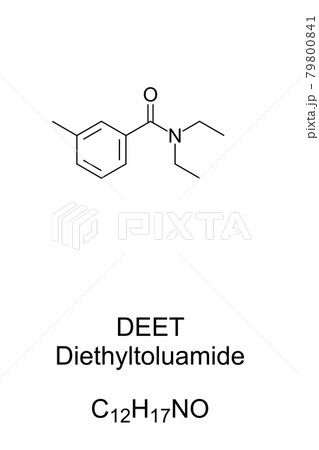 DEET, chemical formula and structure. Diethyltoluamide, most common active ingredient in insect repellents, a protection against mosquitoes, ticks, fleas, chiggers, leeches and other biting insects. DEET, chemical formula and structure. Diethyltoluamide, most common active ingredient in insect repellents, a protection against mosquitoes, ticks, fleas, chiggers, leeches and other biting insects. 79800841