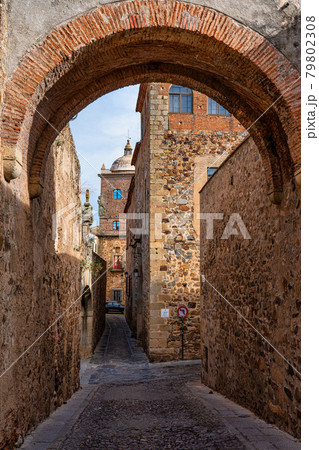 Narrow alley with old stone buildings at Caceres, Extremadura, Spain. 79802308