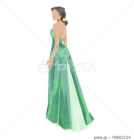 グリーンのドレスのプリンセス手書き水彩イラストのイラスト素材