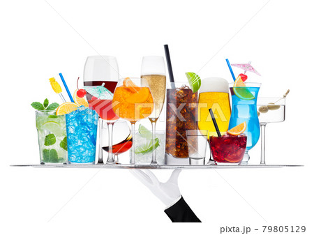 Batler waiter wearing white glove tray with various cocktails with ice isolated on white. 79805129