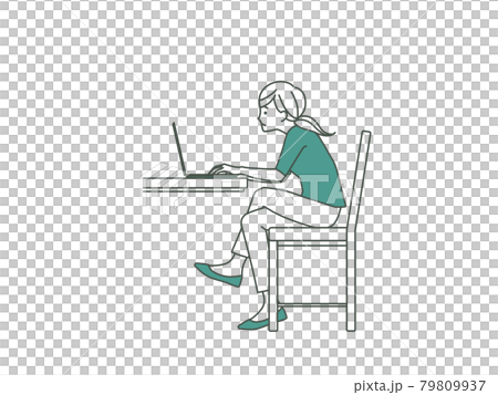 脚を組んでノートパソコンを使っている猫背の女性-2色 79809937