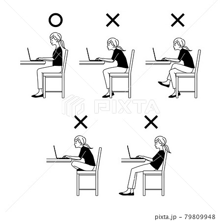 良い姿勢と悪い姿勢でパソコンを使っている女性 黒のイラスト素材