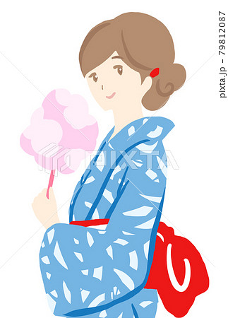綿あめを持っている浴衣姿の若い女性のイラストのイラスト素材