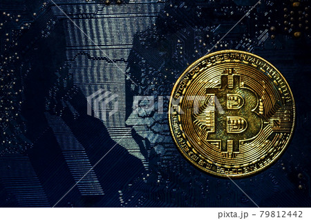 Bitcoin golden coins on a printed circuit board. Bitcoin concept Bitcoin golden coins on a printed circuit board. Bitcoin concept 79812442