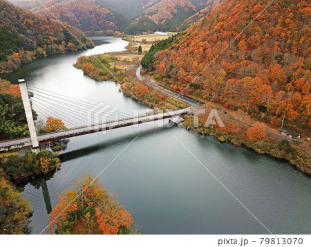 【ドローン空撮　京都府　美山町　紅葉】　大野ダム・虹の湖の秋の景観　京都府南丹市 79813070