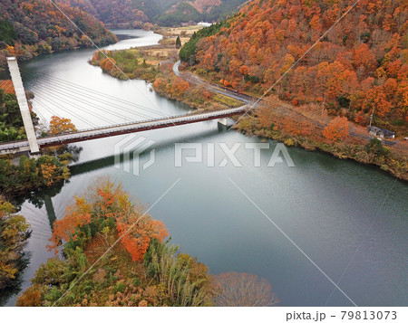 【ドローン空撮　京都府　美山町　紅葉】　大野ダム・虹の湖の秋の景観　京都府南丹市 79813073