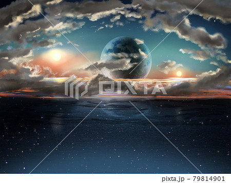 二重太陽系の幻想的な風景画のイラスト素材