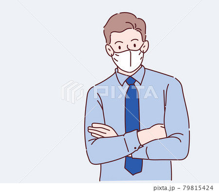 Young business man in shirt wearing face medical mask for protection from coronavirus. Hand drawn in thin line style, vector illustrations. 79815424