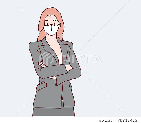 Business woman with surgical face mask. Hand drawn in thin line style, vector illustrations. (A Mask can be removable) 79815425