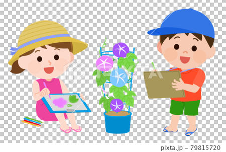 Illustration of a girl and a boy drawing a morning glory picture with colored pencils 79815720