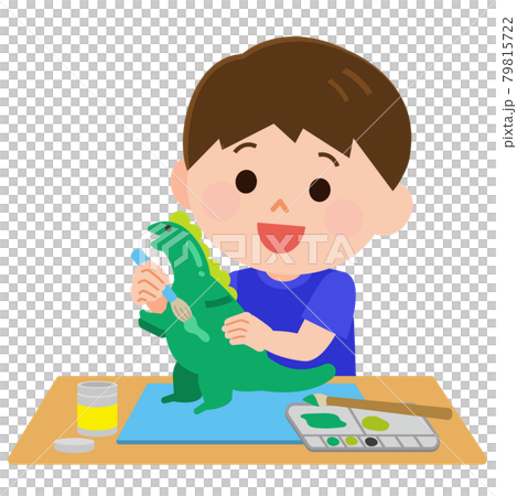 Illustration of a boy painting a clay dinosaur with varnish 79815722