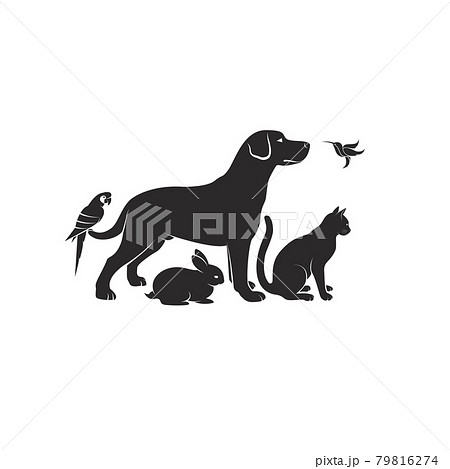 Vector group of pets - Dog, Cat, Humming bird, Parrot, Rabbit isolated on white background. Pet Icon or logo, Easy editable layered vector illustration. 79816274