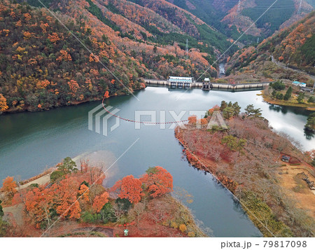 【ドローン空撮　京都府　美山町　紅葉】　大野ダム・虹の湖の秋の景観　京都府南丹市 79817098