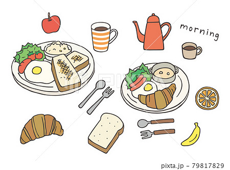 洋食朝ごはんの手描きイラストセット カラー のイラスト素材
