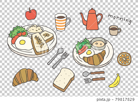 洋食朝ごはんの手描きイラストセット カラー のイラスト素材