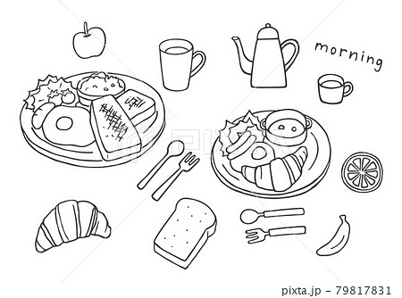 洋食朝ごはんの手描きイラストセット モノクロ のイラスト素材