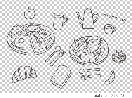 洋食朝ごはんの手描きイラストセット（モノクロ） 79817831