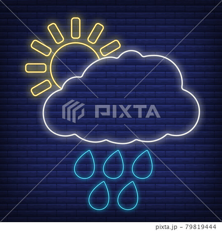 Sun cloud with rain icon glow neon style, concept weather condition outline flat vector illustration, isolated on black. Brick background. 79819444