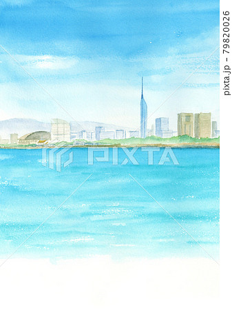 福岡タワーが見える風景　水彩画　A4縦 79820026