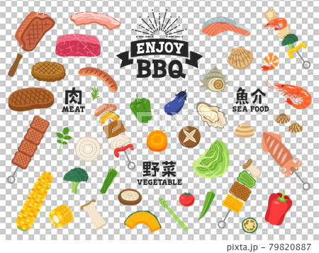 Set of barbecue skewers and ingredients (meat, vegetables, seafood) Set of barbecue skewers and ingredients (meat, vegetables, seafood) 79820887