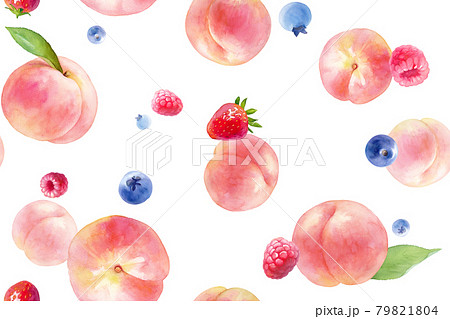 フレッシュな桃とベリーの混合模様の水彩イラスト シームレスパターン 壁紙 のイラスト素材
