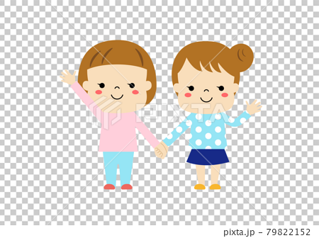手をつないで手を振っている二人の女の子のイラスト素材