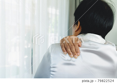 neck and shoulder pain, old woman suffering from neck and shoulder injury, health problem concept 79822524