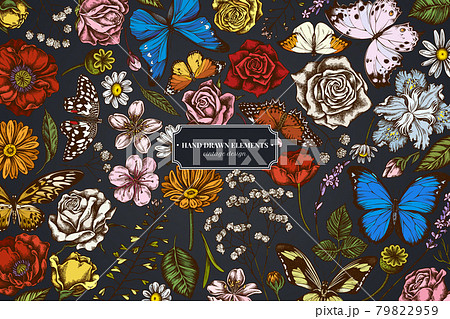 Floral design on dark background with shepherd's purse, heather, iris japonica, sakura, gypsophila Floral design on dark background with shepherd's purse, heather, iris japonica, sakura, gypsophila 79822959