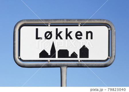 Road sign of Lokken city in Denmark  79823040