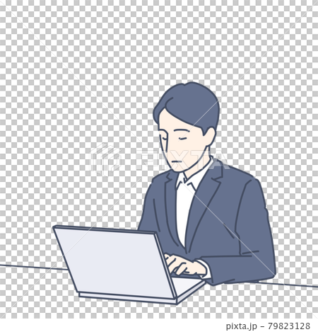 パソコンの前に座って入力をするスーツ姿の男性のイラスト素材