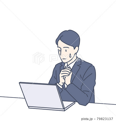 パソコンの前で手を握りしめて何かを願うようなポーズをしているスーツ姿の男性のイラスト素材