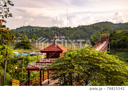 Mon Bridge, old wooden bridge at sunset in Sangkhlaburi, Kanchanaburi, Thailand Mon Bridge, old wooden bridge at sunset in Sangkhlaburi, Kanchanaburi, Thailand 79825542