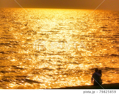 夕暮れの海岸と若いカップル 夕暮れの海岸と若いカップル 79825859