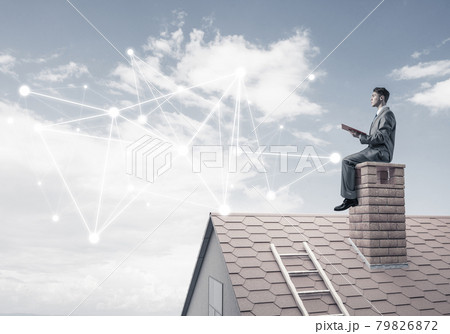 Man reading book and concept of social connection in sky 79826872