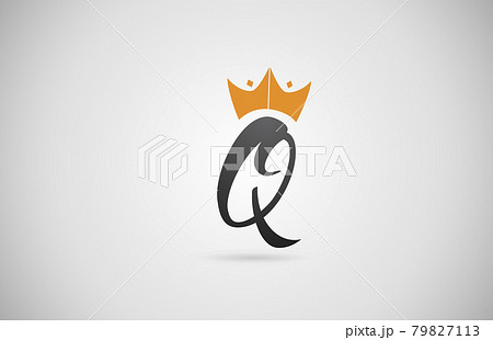 hand written Q alphabet letter logo icon. Business company typography with yellow king crown. Royal style 79827113