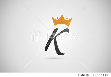 hand written K alphabet letter logo icon. Business company typography with yellow king crown. Royal style 79827119