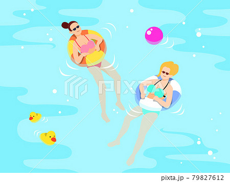 プールに浮かぶ二人の女性のイラスト素材