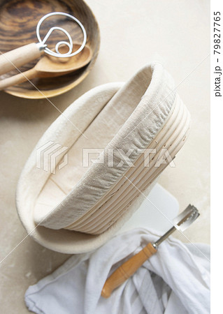 Rattan banneton, proofing basket for sourdough bread. Baking utensile. Basic set of baking bread at home. 79827765