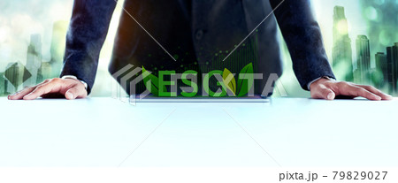 ESG, Ecology Care Concept. Environmental, Social and Corporate Governance. Businessman Planing an ESG Project on Tablet. Green Energy, Renewable and Sustainable Resources. 79829027