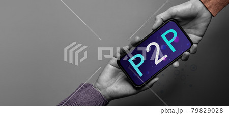 P2P and Fintech Technology. Innovation of Financial Investment. Concept for Peer to Peer Online Digital Exchange. two Business People Connecting via Mobile Phone 79829028
