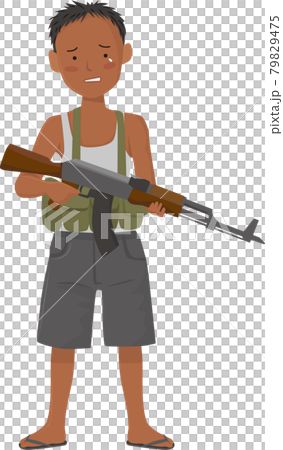銃を持って涙ぐむ少年兵士、SDGs、働きがいの無い労働 銃を持って涙ぐむ少年兵士、SDGs、働きがいの無い労働 79829475