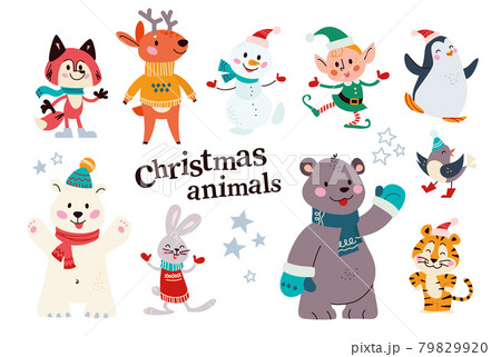 Set of cute winter animals fox, polar bear, penguin in scarfs and hats, snowman, santa elf isolated.  79829920
