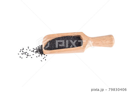 Basil seeds or Hairy, Sabja in wooden scoop isolated on white background. 79830406